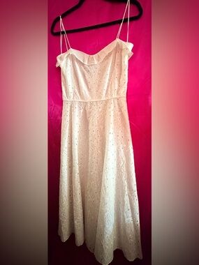 Lauren Ralph Lauren White Eyelet Midi Dress with Ruffle Neckline